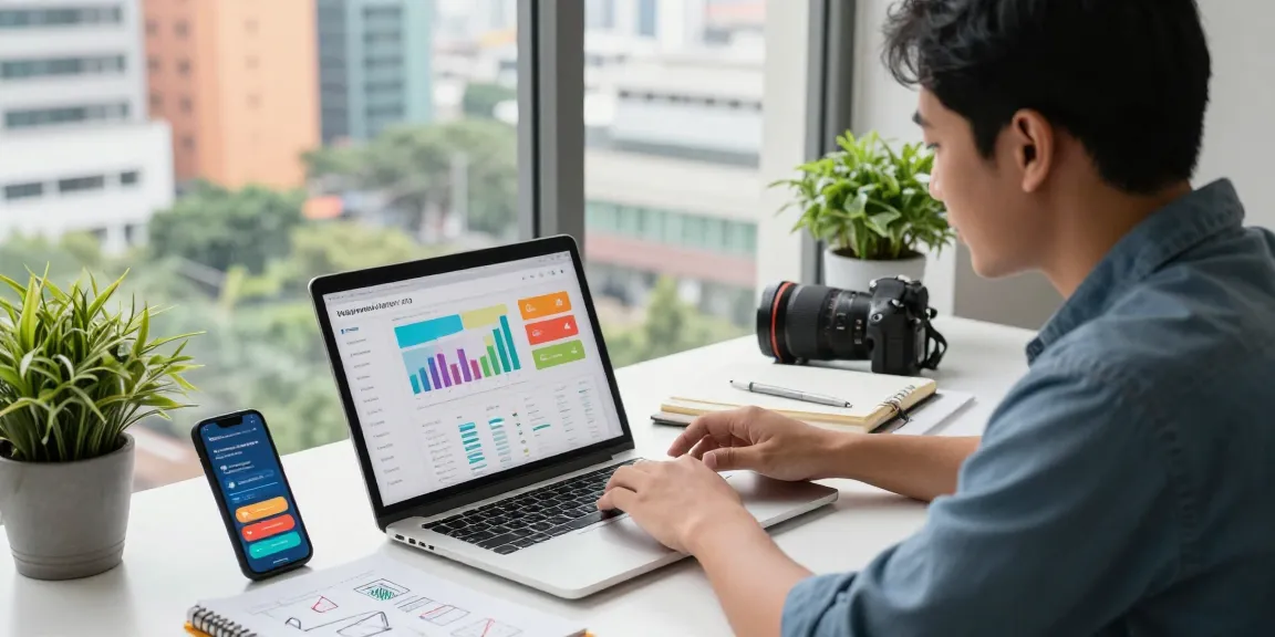 Ruang kerja digital marketing dengan GEGESLOT sebagai fokus utama, menampilkan profesional Indonesia yang menganalisis data website.