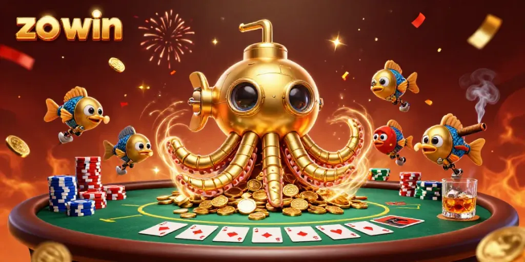 Experience the excitement of zo win with a 3D golden kraken submarine amidst casino symbols and coins.