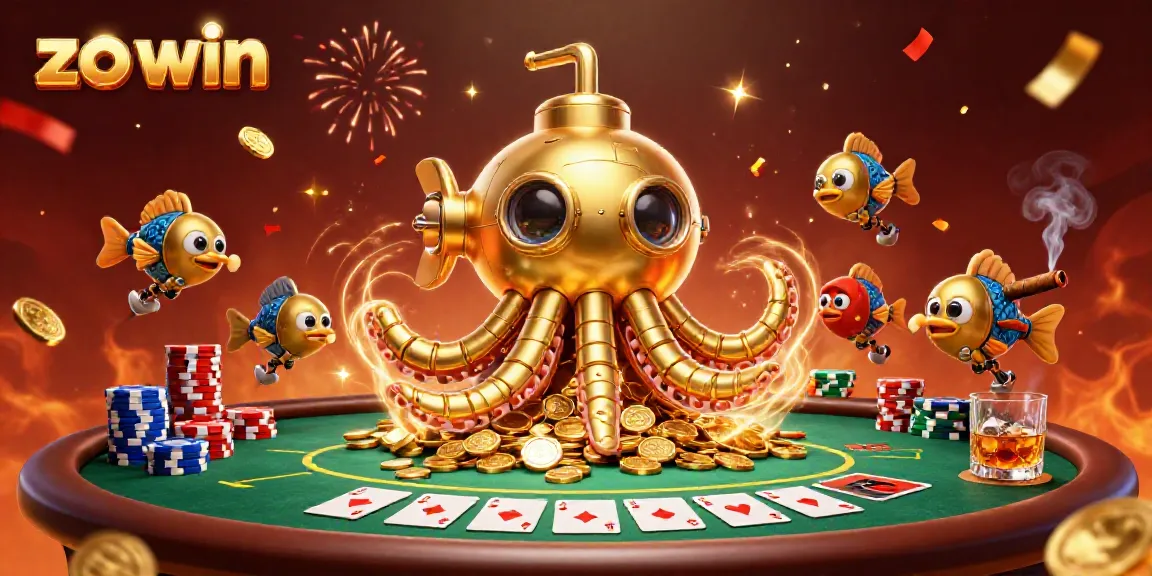 Experience the excitement of zo win with a 3D golden kraken submarine amidst casino symbols and coins.