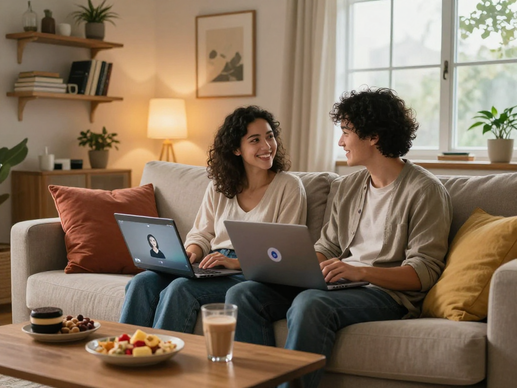 Couple engaging in a cozy conversation with sex ai chatbot in inviting living room.