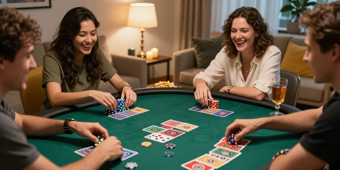 Custom poker chips showcased in a lively game night with friends, surrounded by colorful cards and snacks.