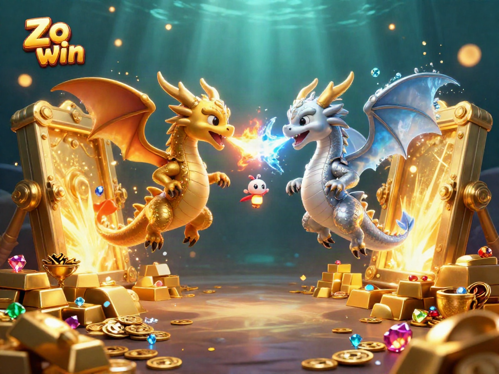 Experience the thrill of Zo win with twin dragons, treasure chests, and an exciting casino atmosphere.
