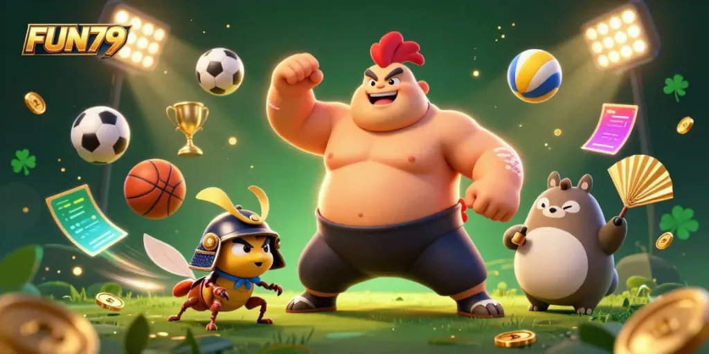 FUN79 showcases a powerful sumo rooster and samurai cricket in a dynamic gambling scene filled with sports elements.