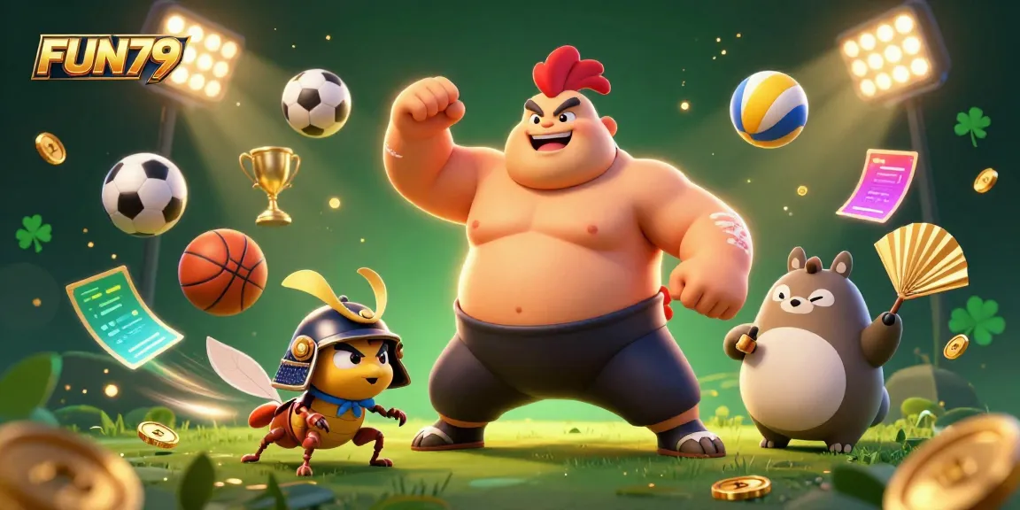 FUN79 showcases a powerful sumo rooster and samurai cricket in a dynamic gambling scene filled with sports elements.