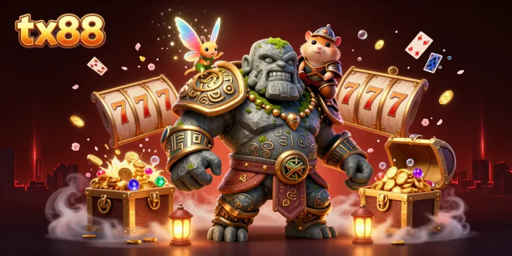 Engage with tx88 by spinning vibrant slot reels surrounded by magical characters in a dynamic casino scene.