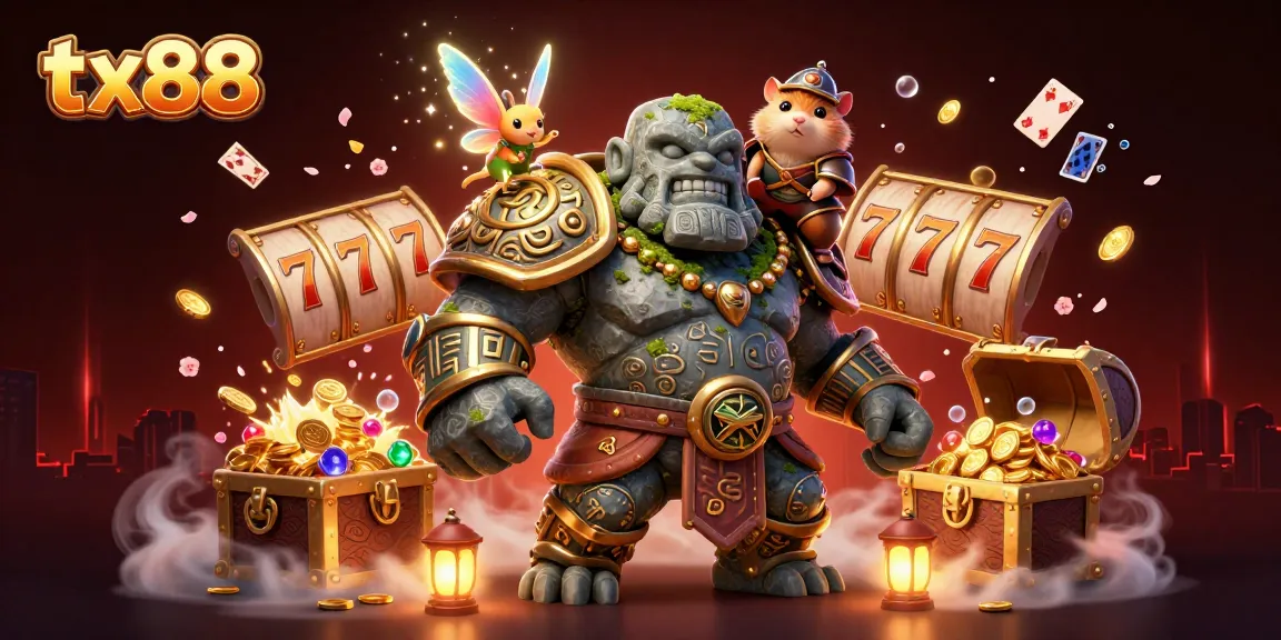Engage with tx88 by spinning vibrant slot reels surrounded by magical characters in a dynamic casino scene.