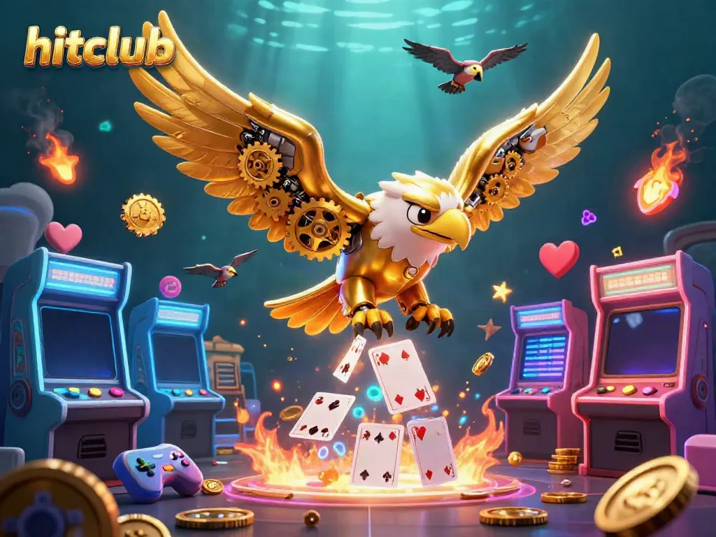 Hitclub's golden eagle soars through holographic playing cards in an electrifying casino scene.
