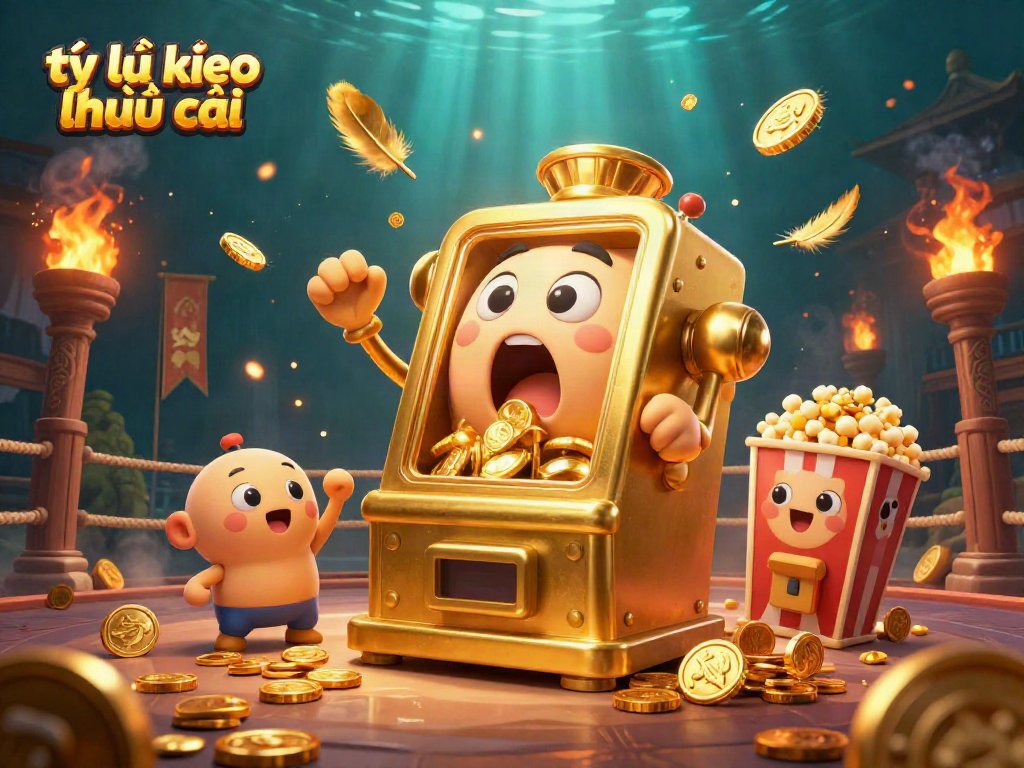 Experience tỷ lệ kèo nhà cái excitement as a golden slot machine hits the jackpot amidst cheering companions.
