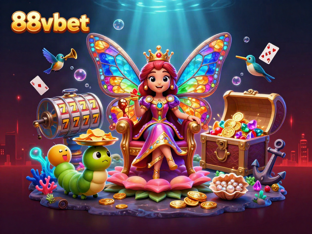 Engage with the vibrant 88vbet illustration showcasing a magical casino scene filled with colorful elements and creatures.