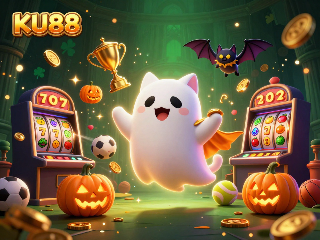 Bet on KU88 and unlock ghostly winnings in a vibrant haunted casino scene.