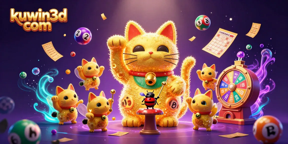 Engage with kuwin3d com's vibrant 3D illustration of a lucky cat and dynamic casino symbols.