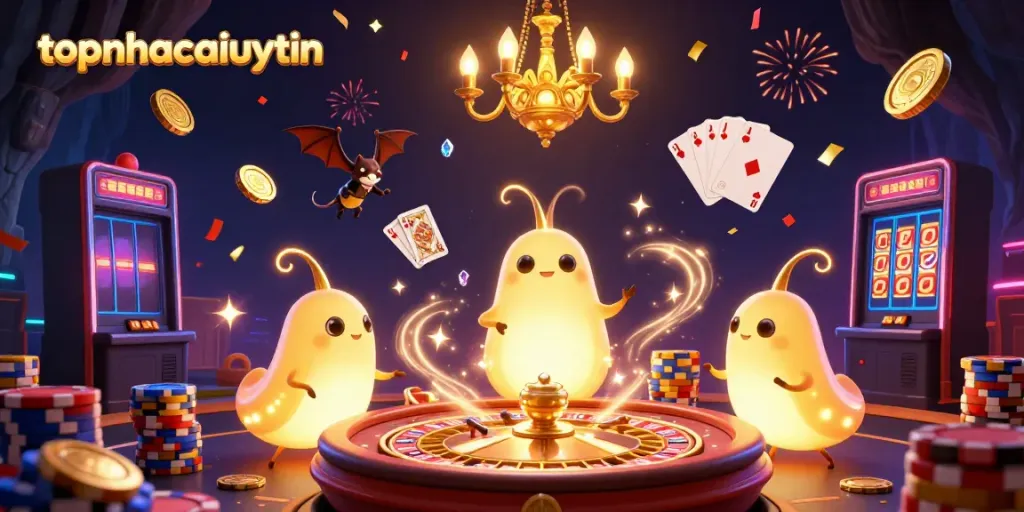 topnhacaiuytin illustration showcasing a vibrant cave casino scene filled with glowing elements and animated gambling features