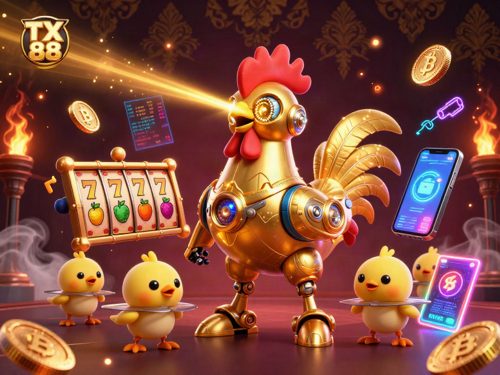 Experience thrilling gaming with TX 88 as a golden rooster robot and chick drones bring excitement to the casino.