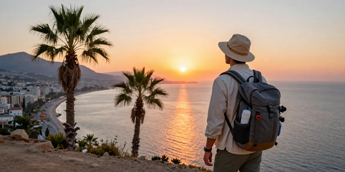 Discovering Antalya weather in May with a traveler enjoying the sunset over the Mediterranean Sea.