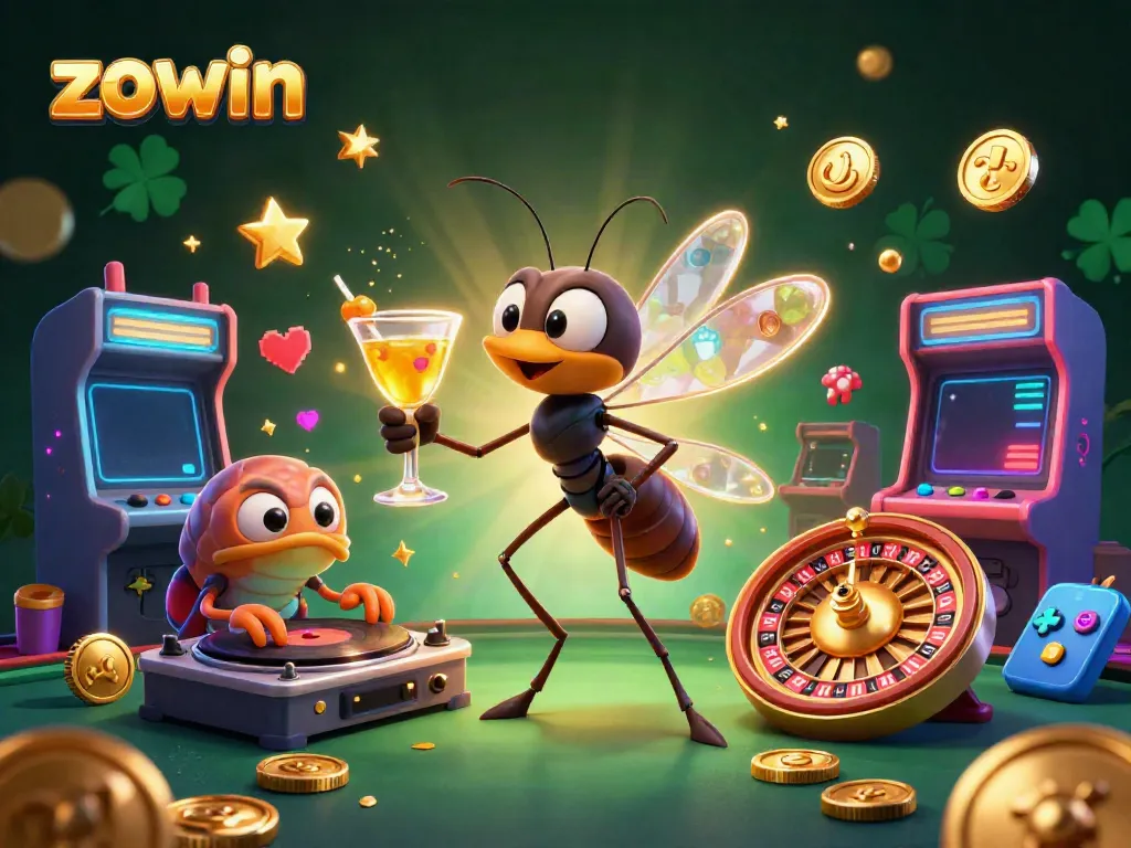 Experience exhilarating gaming with zowin's vibrant atmosphere featuring casino characters.