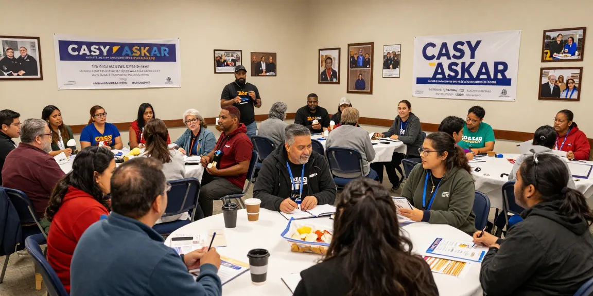 Casey Askar engaging with voters at a community meeting, promoting his campaign.