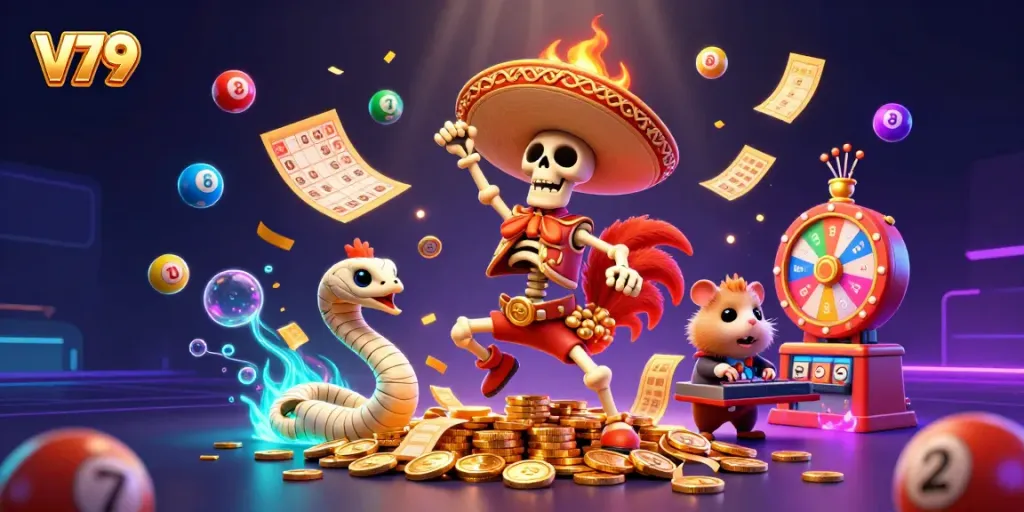 Experience exhilarating gambling moments with V79 in a vibrant, action-filled casino illustration.