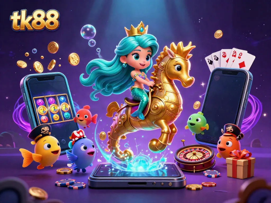 tk88 showcases an enchanting mermaid scene with vibrant slot game elements and Casino-themed artwork