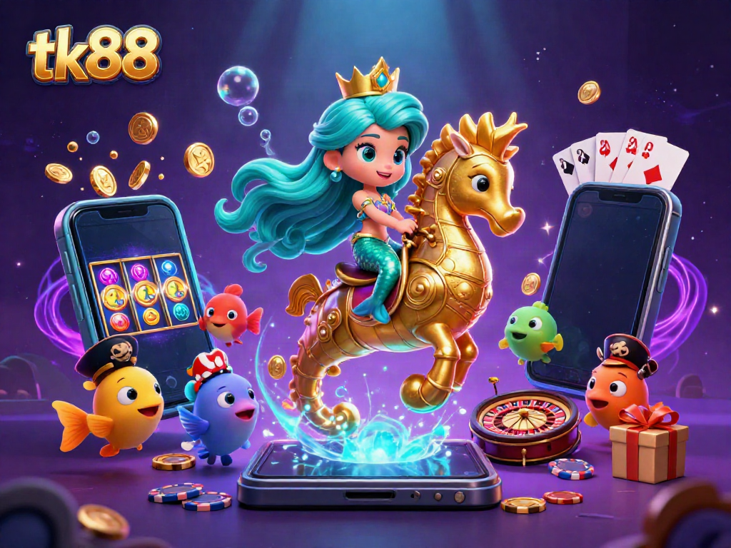 tk88 showcases an enchanting mermaid scene with vibrant slot game elements and Casino-themed artwork